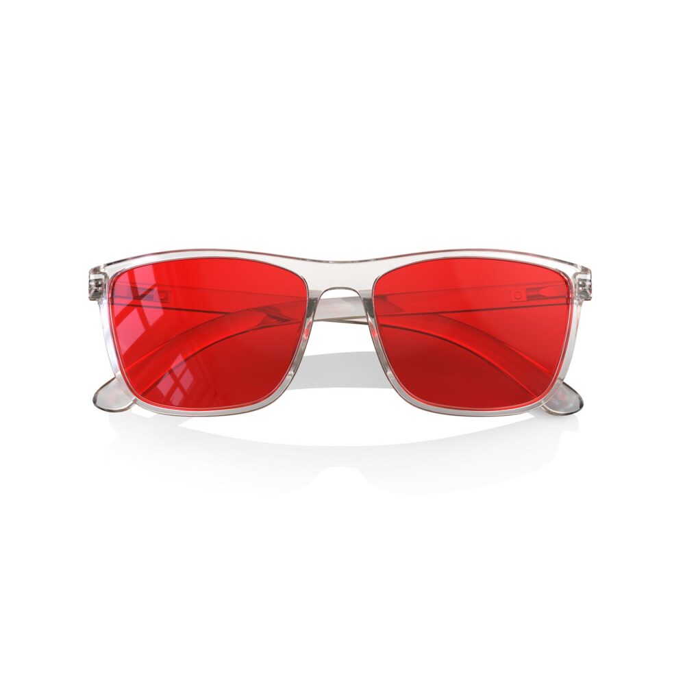 A Folded front view of Gloojo Night Ease Wayfarer Red Lens Glasses for sleep-clear