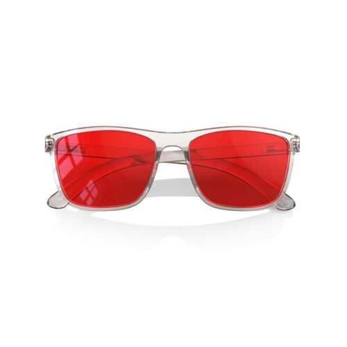 A Folded front view of Gloojo Night Ease Wayfarer Red Lens Glasses for sleep-clear