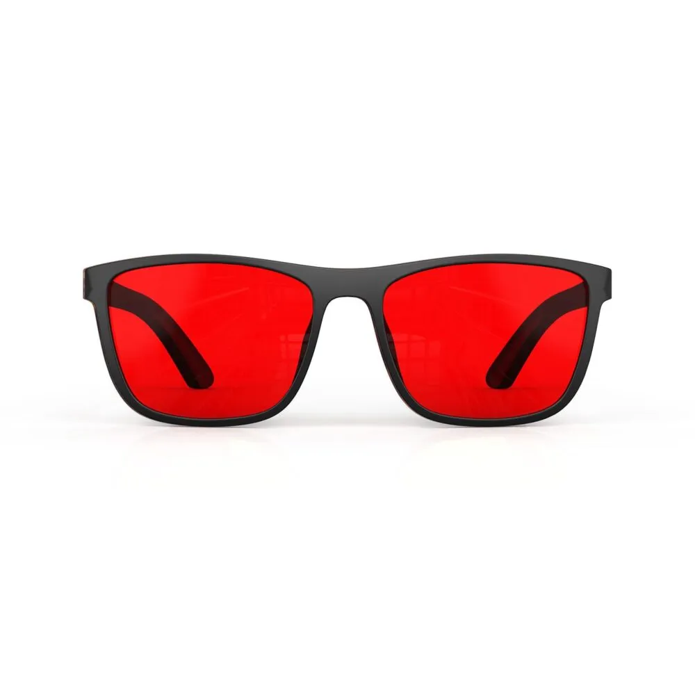 A Front view of Gloojo Night Ease Wayfarer Red Lens Glasses for sleep-black