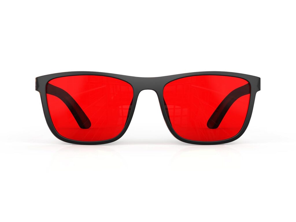 A Front view of Gloojo Night Ease Wayfarer Red Lens Glasses for sleep-black