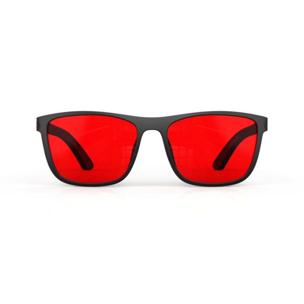 A Front view of Gloojo Night Ease Wayfarer Red Lens Glasses for sleep-black