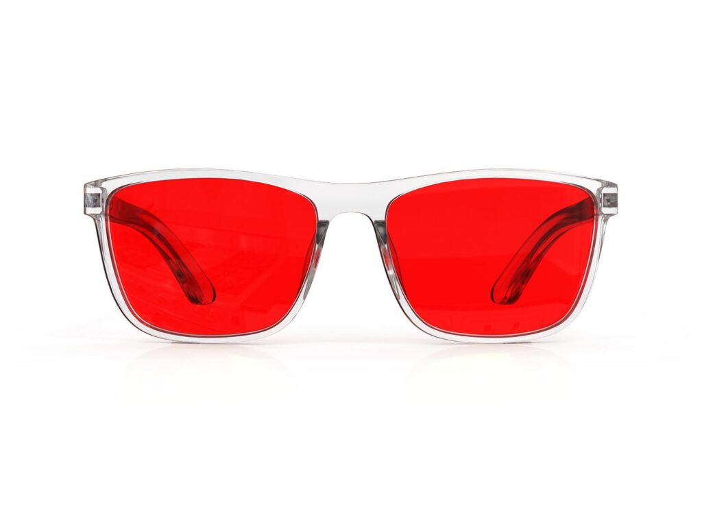 A Front view of Gloojo Night Ease Wayfarer Red Lens Glasses for sleep-clear