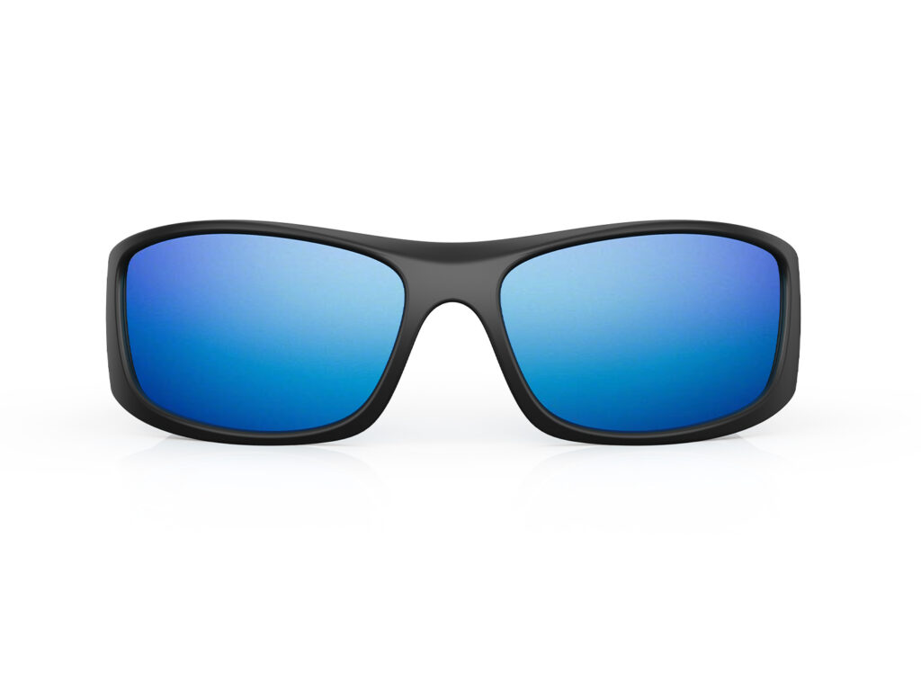 A Front view of Gloojo Shade Master Blue Mirrored Warp Around Sunglasses