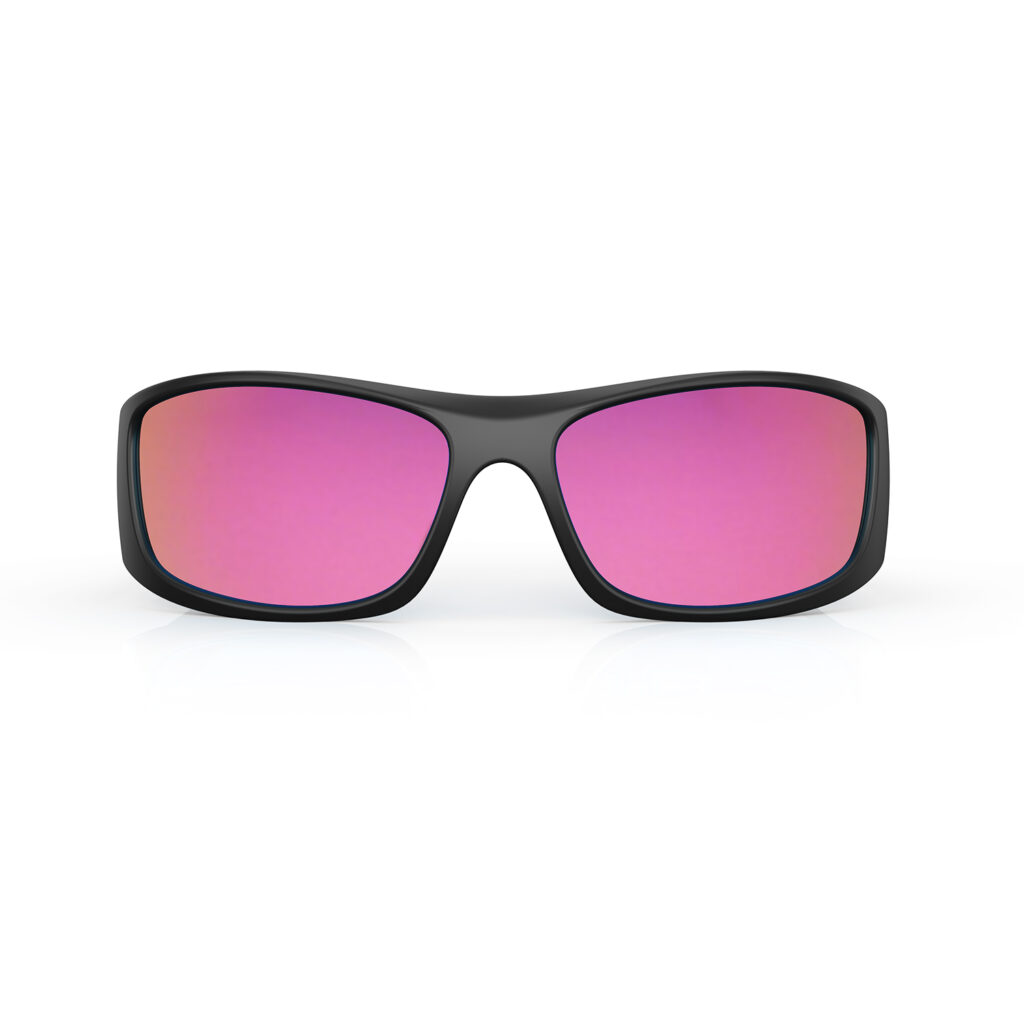 A Front view of Gloojo Shade Master Pink Mirrored Warp Around Sunglasses