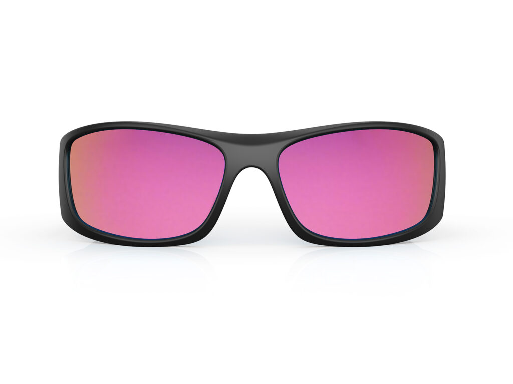A Front view of Gloojo Shade Master Pink Mirrored Warp Around Sunglasses