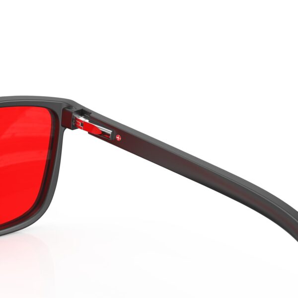 A Hinge closeup of Gloojo Night Ease Wayfarer Red Lens Glasses for sleep-black