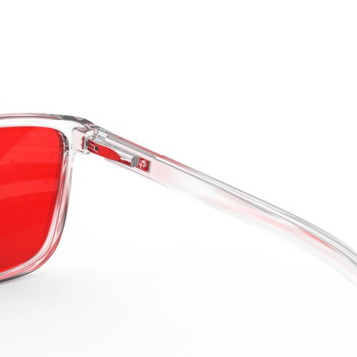 A Hinge closeup of Gloojo Night Ease Wayfarer Red Lens Glasses for sleep-clear