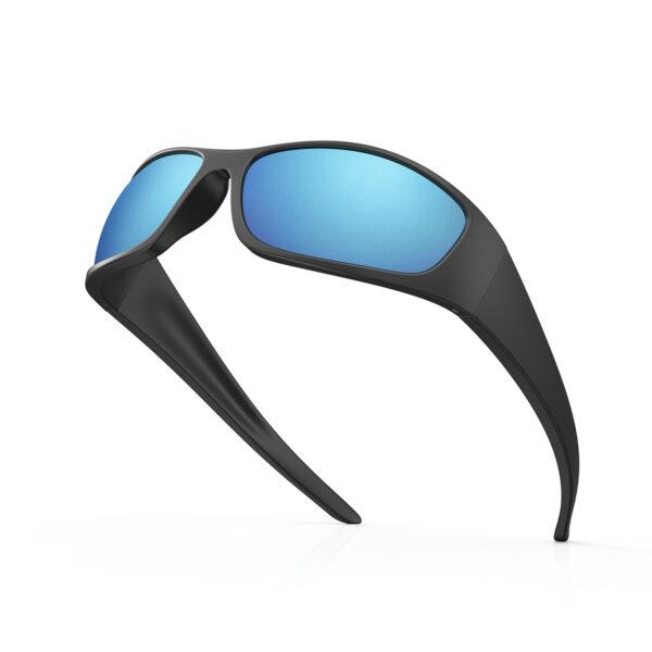 A Left Side view of Gloojo Shade Master Blue Mirrored Warp Around Sunglasses