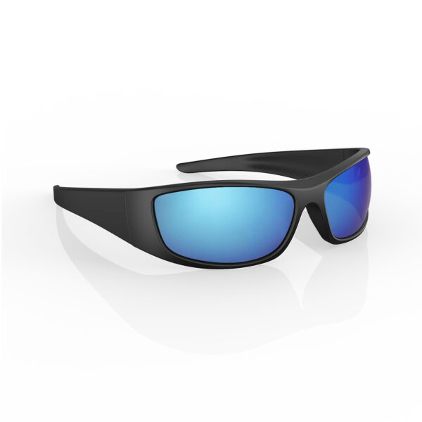 A Right Side view of Gloojo Shade Master Blue Mirrored Warp Around Sunglasses