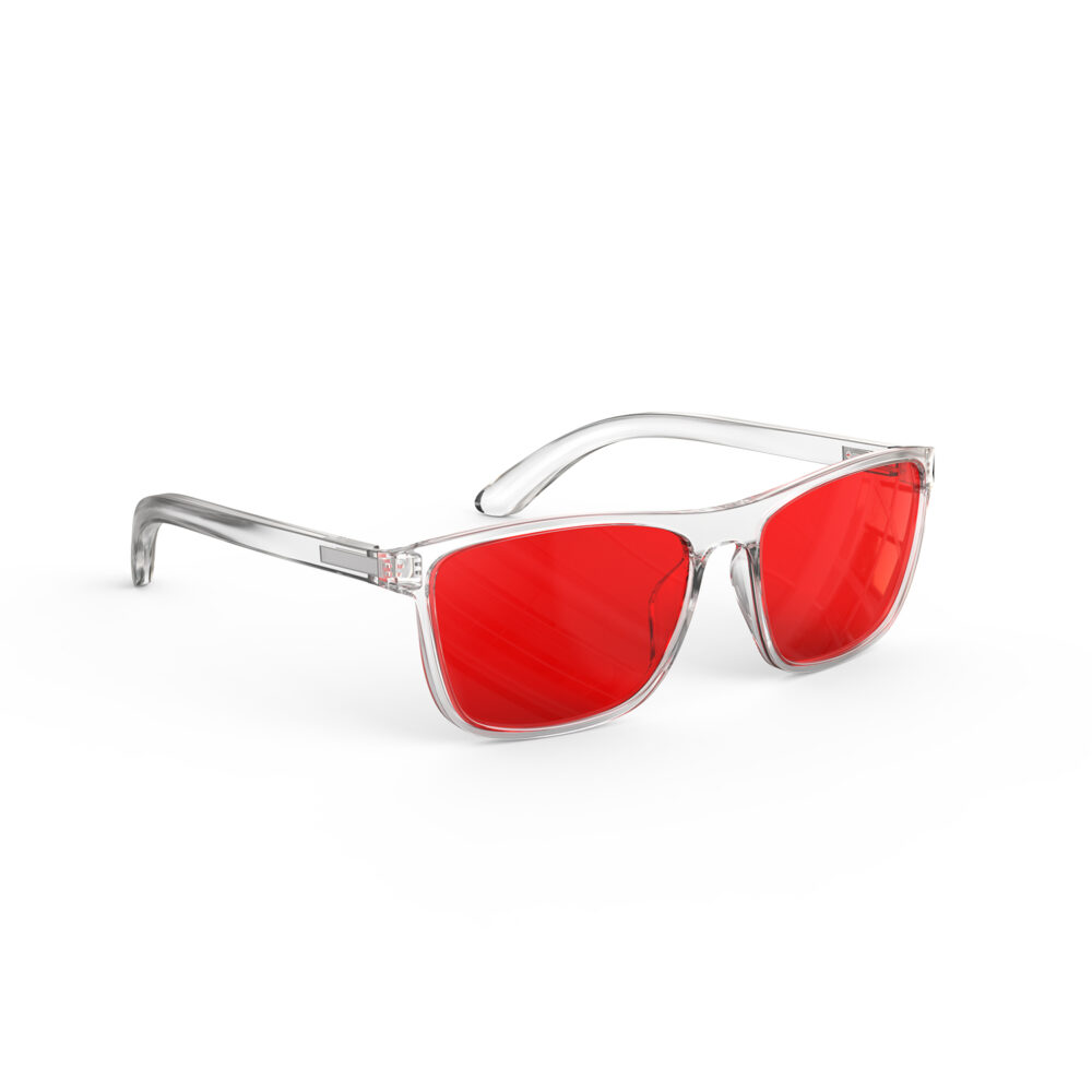A Right side view of Gloojo Night Ease Wayfarer Red Lens Glasses for sleep-clear