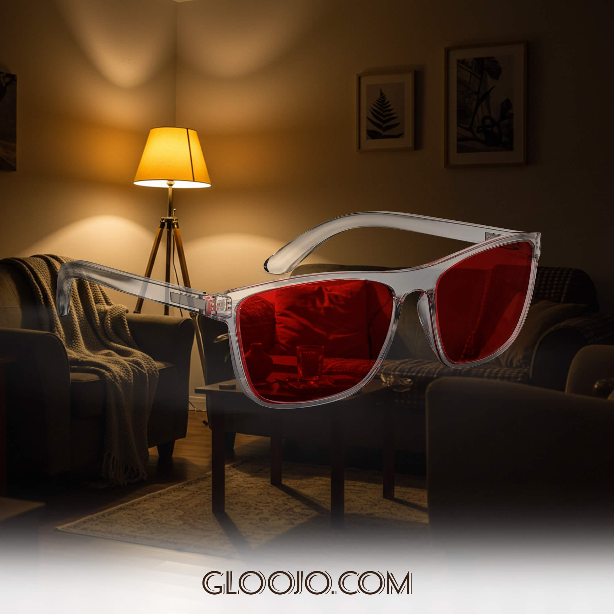 Gloojo Night Ease Wayfarer Red Lens Glasses for wearing before bedtime while at home to reduce the disruption of circadian rhythm caused by artificial blue light