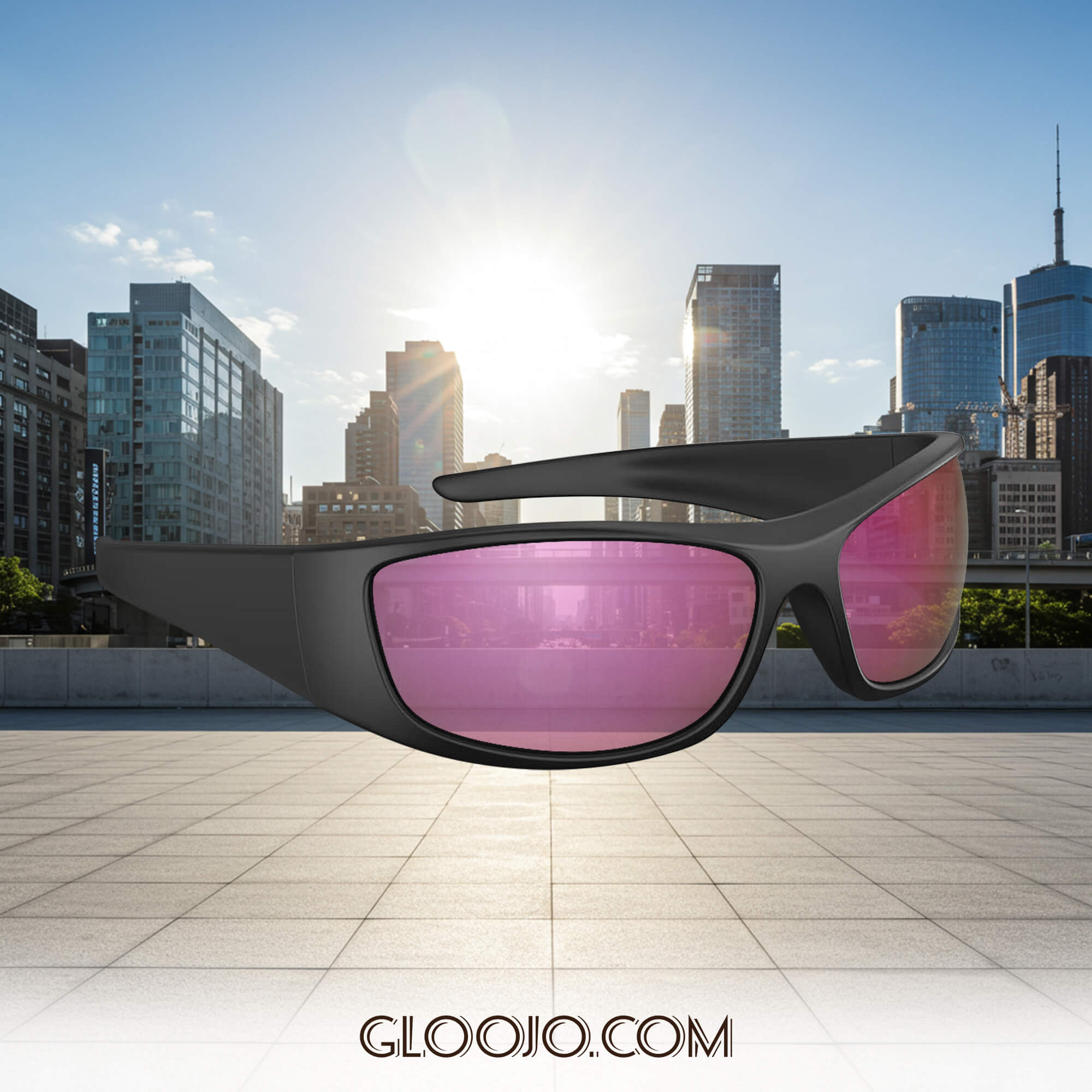 Gloojo Shade Master Pink Mirrored Wrap Around Sunglasses can be wearing under the strong sunlight in the city