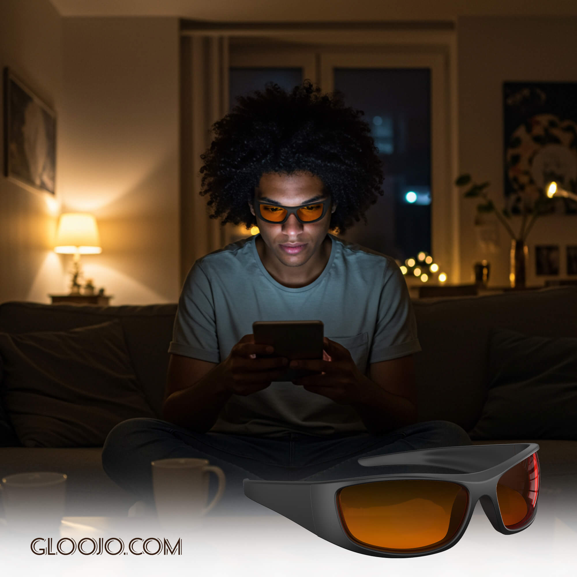 a man is wearing Gloojo Night Ease Orange Sleep Glasses at night and scrolling smartphone