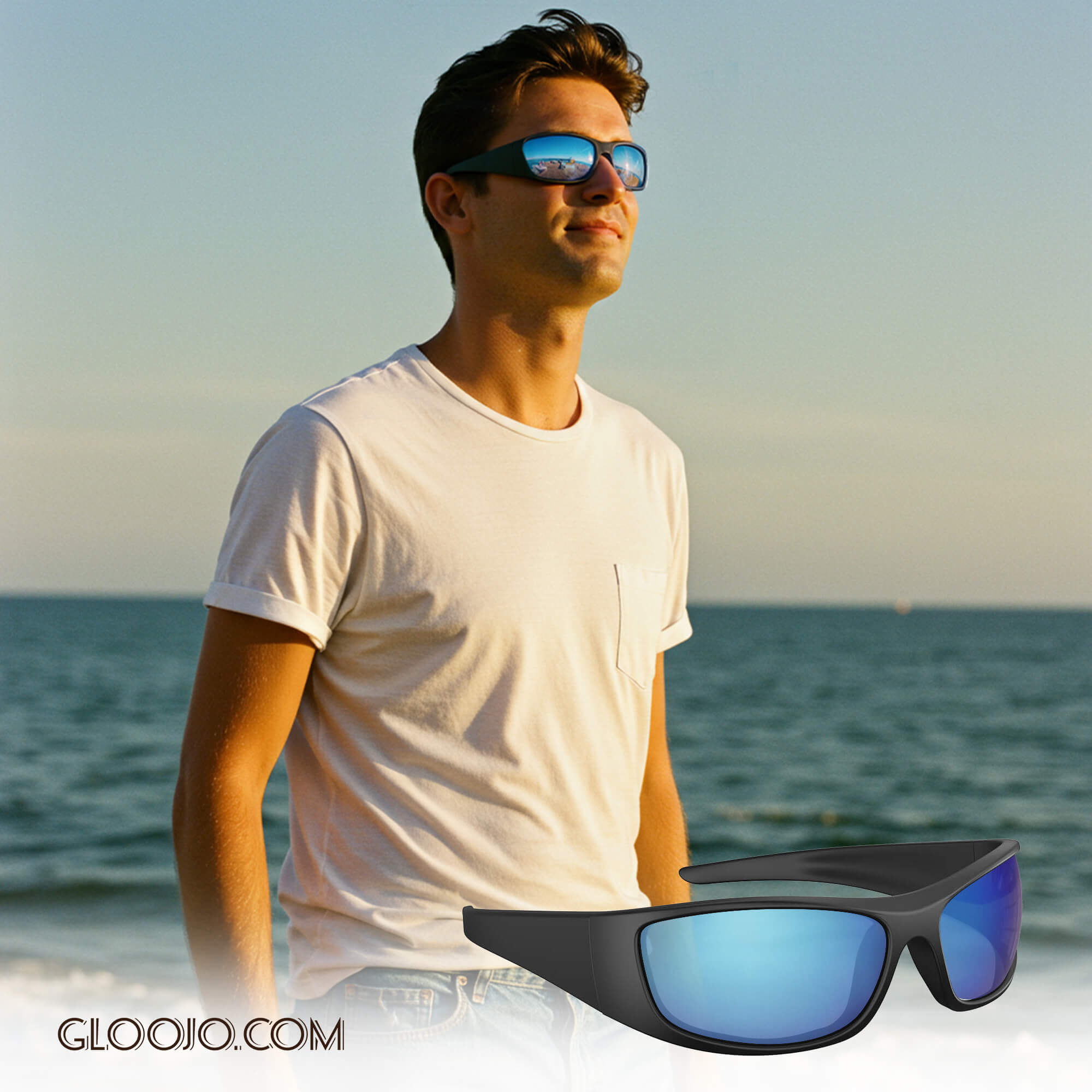 a man is wearing Gloojo Shade Master Blue Mirrored Wrap Around Sunglasses under the strong sunlight on the seaside