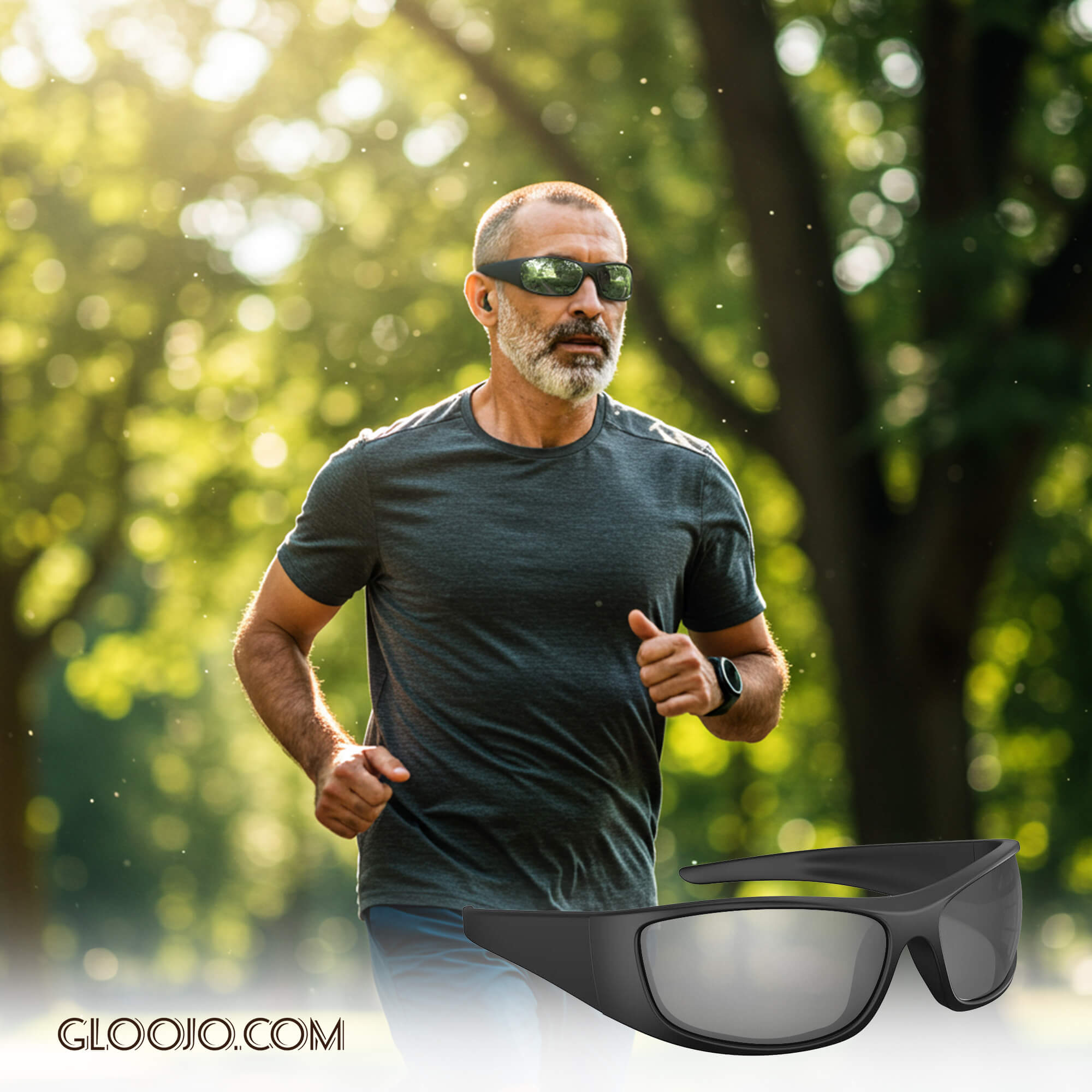 a man is wearing Gloojo Shade Master Silver Mirrored Wrap Around Sunglasses and running under morning sunlight