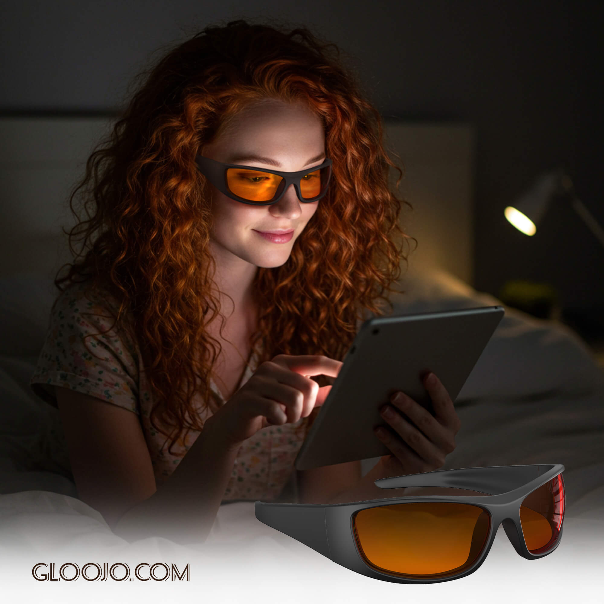 a woman is wearing Gloojo Night Ease Orange Sleep Glasses before bed