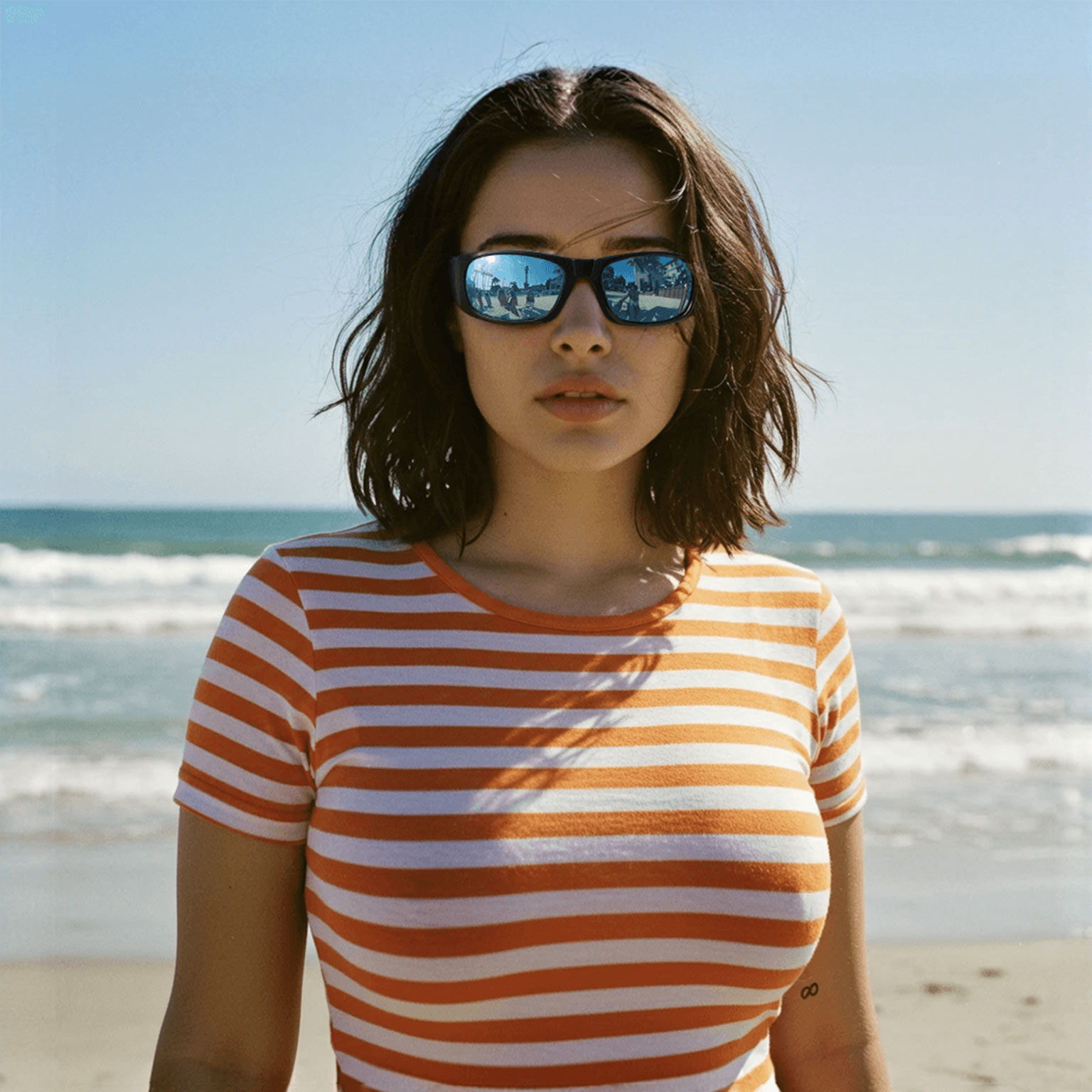 a woman is wearing Gloojo Shade Master Blue Mirrored Wrap Around Sunglasses to the seaside.jpg
