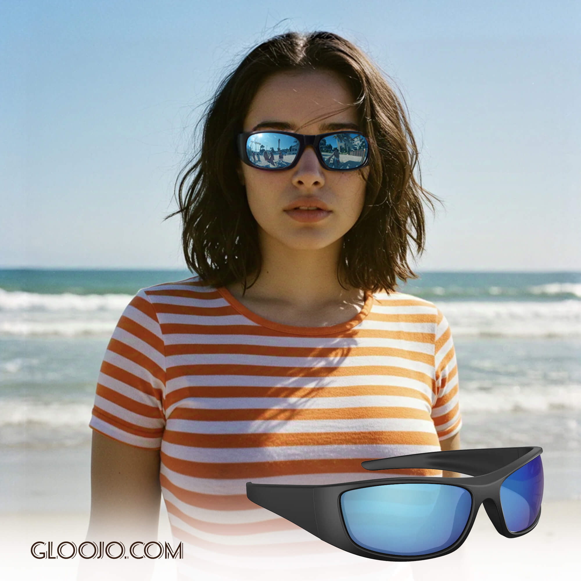 a woman is wearing Gloojo Shade Master Blue Mirrored Wrap Around Sunglasses to the seaside