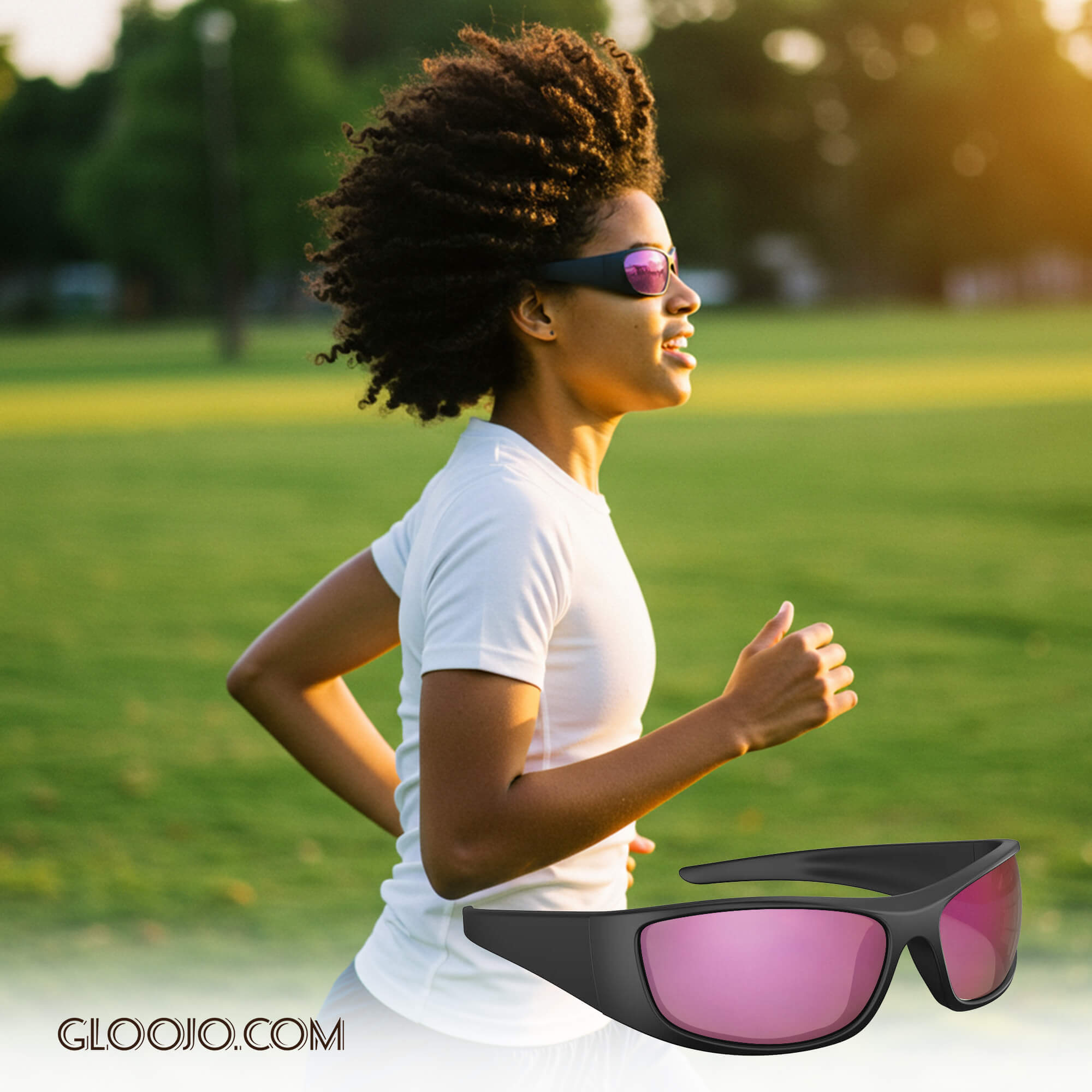 a woman is wearing Gloojo Shade Master Pink Mirrored Wrap Around Sunglasses and running