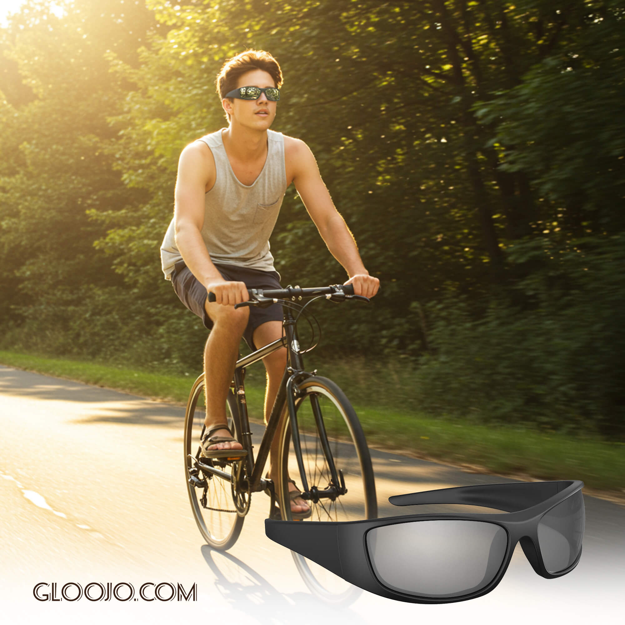 a young man is wearing Gloojo Shade Master Silver Mirrored Wrap Around Sunglasses and riding bicycle