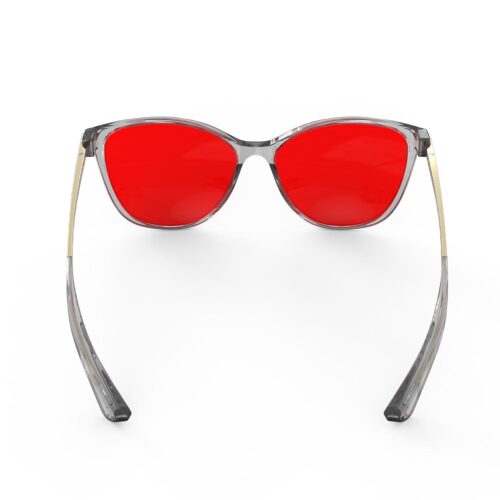A Back view of Gloojo Night Ease Cat Eye Red Lens Glasses for Sleep-Grey Gold Frame