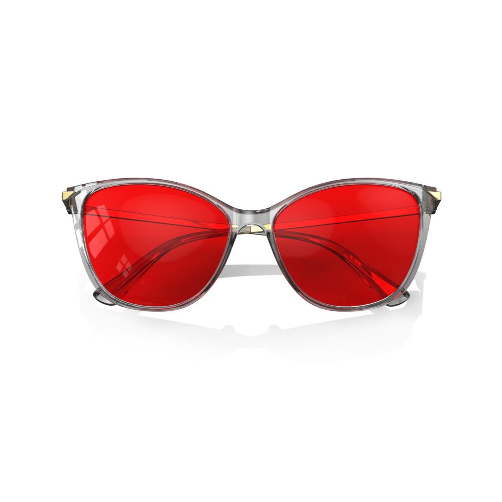 A Folded front view of Gloojo Night Ease Cat Eye Red Lens Glasses for Sleep-Grey Gold Frame