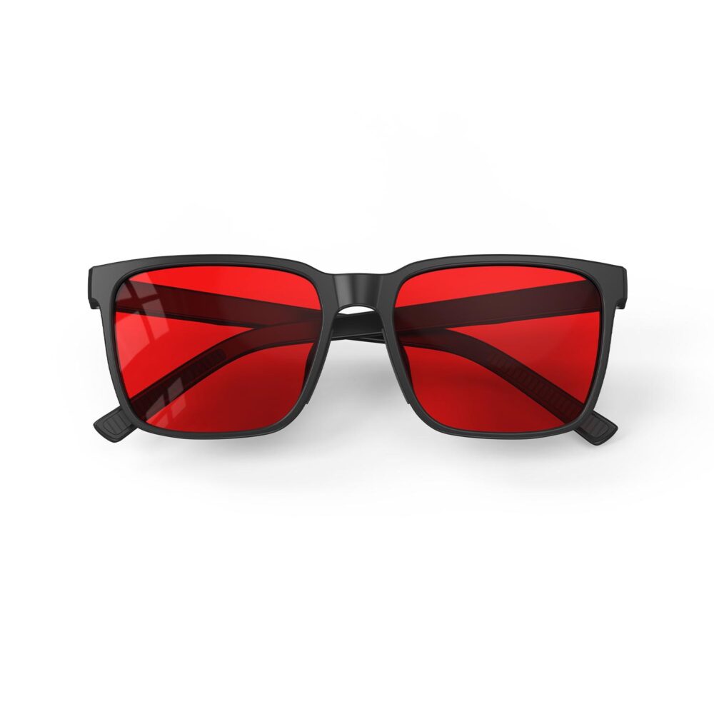 A Folded front view of Gloojo Night Ease Square Red Lens Glasses for Sleep-Black Frame A Folded front view of Gloojo Night Ease Square Red Lens Glasses for Sleep-Black Frame