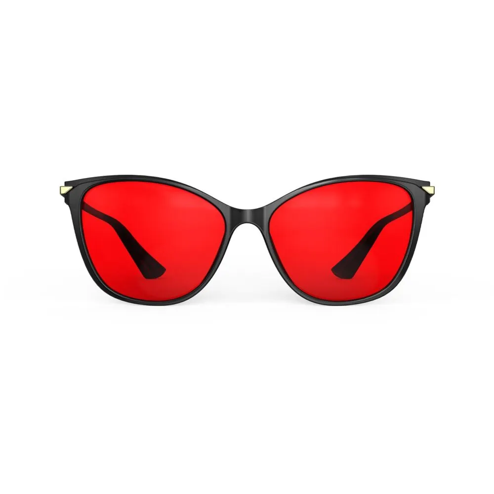 A Front view of Gloojo Night Ease Cat Eye Red Lens Glasses for Sleep-Black Gold Frame A Front view of Gloojo Night Ease Cat Eye Red Lens Glasses for Sleep-Black Gold Frame