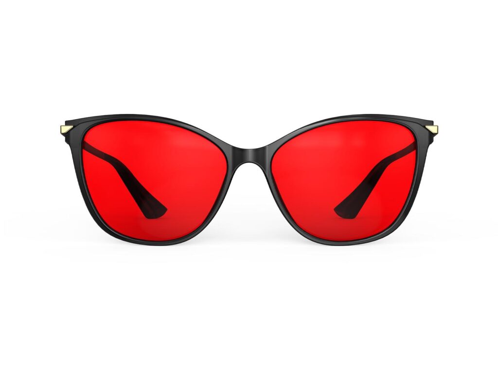A Front view of Gloojo Night Ease Cat Eye Red Lens Glasses for Sleep-Black Gold Frame