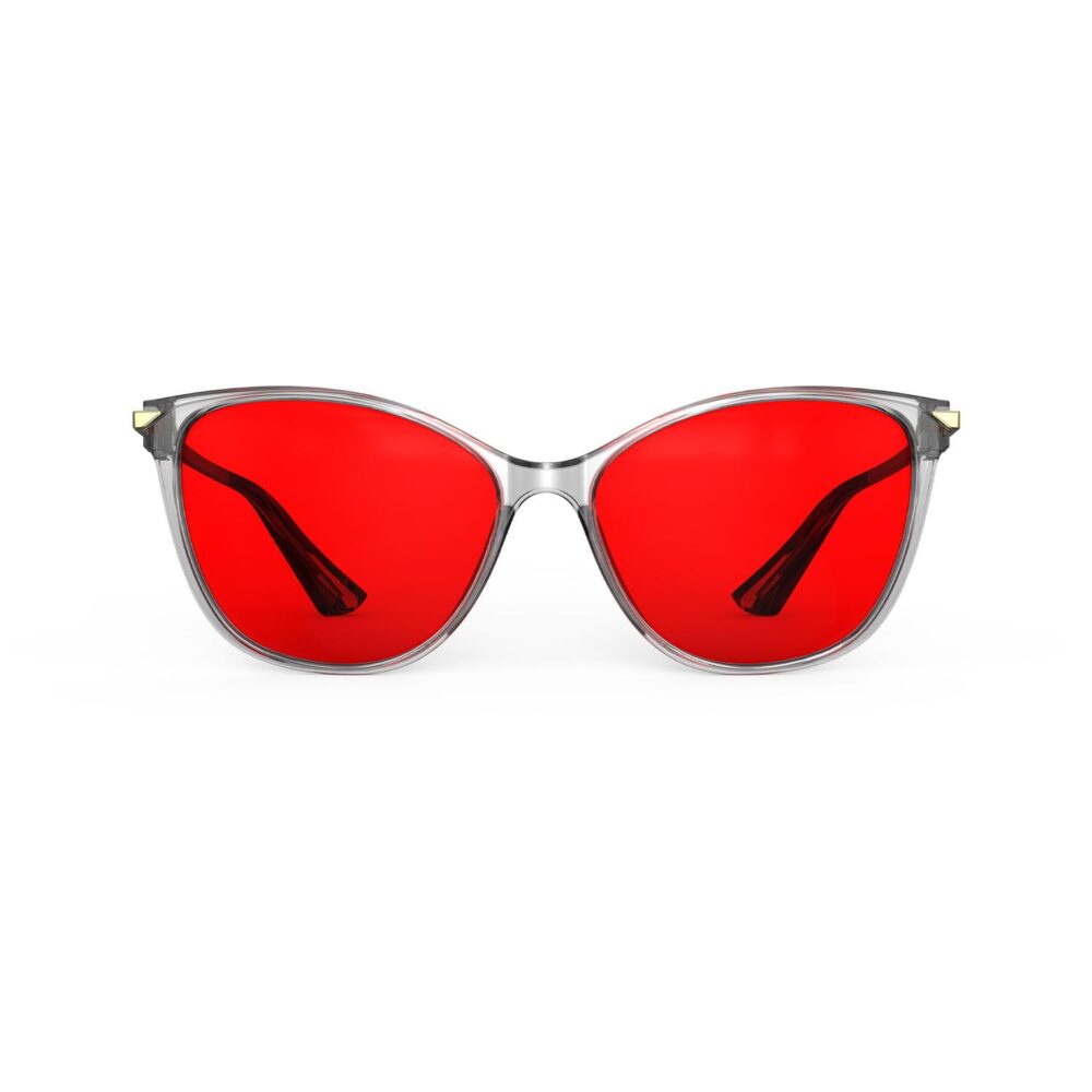 A Front view of Gloojo Night Ease Cat Eye Red Lens Glasses for Sleep-Grey Gold Frame