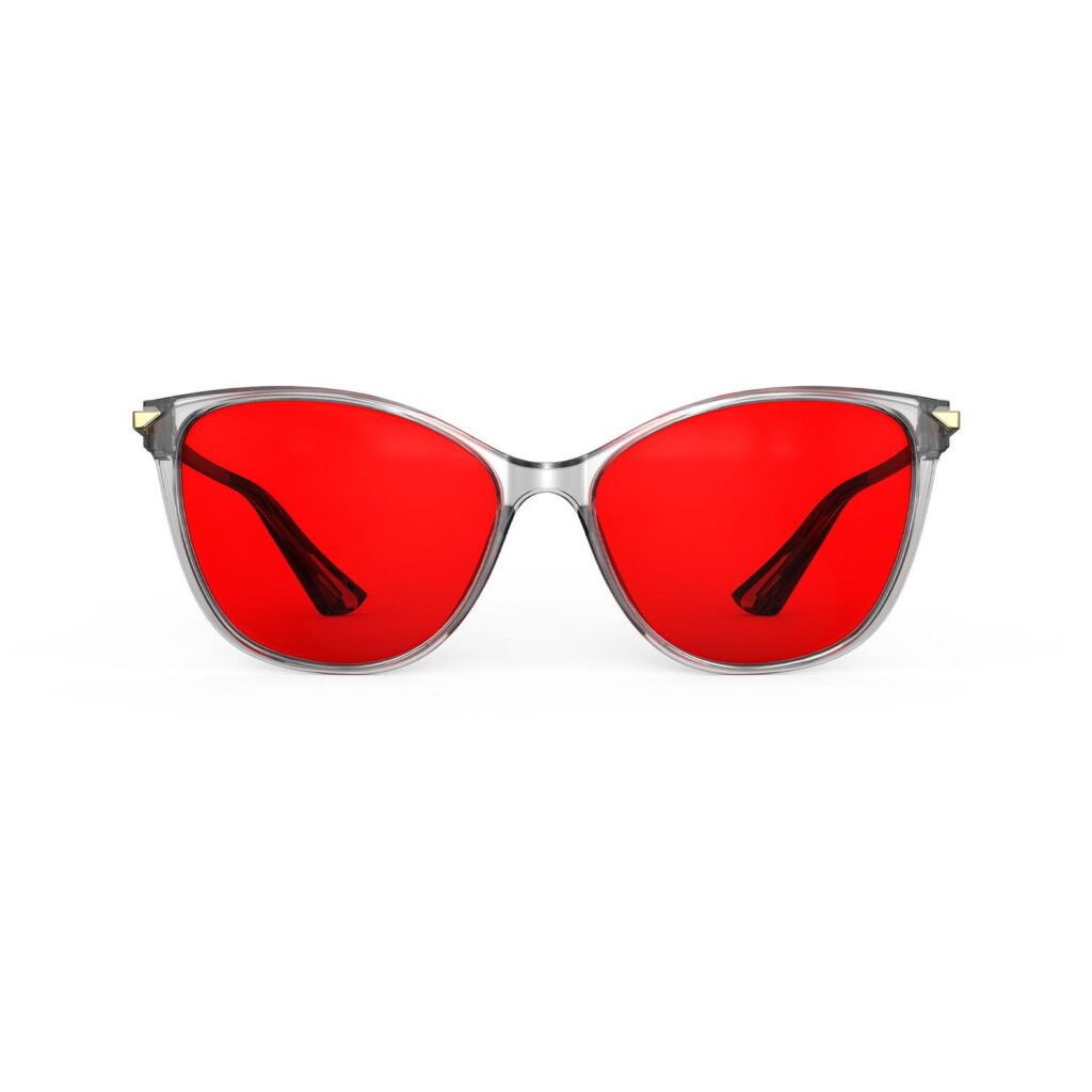 A Front view of Gloojo Night Ease Cat Eye Red Lens Glasses for Sleep-Grey Gold Frame