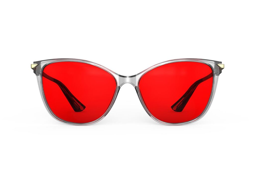 A Front view of Gloojo Night Ease Cat Eye Red Lens Glasses for Sleep-Grey Gold Frame