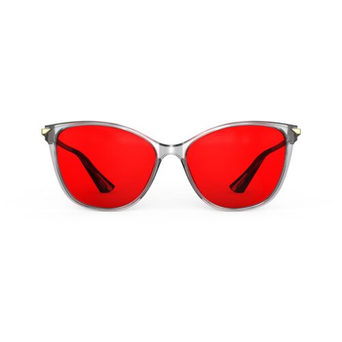 A Front view of Gloojo Night Ease Cat Eye Red Lens Glasses for Sleep-Grey Gold Frame