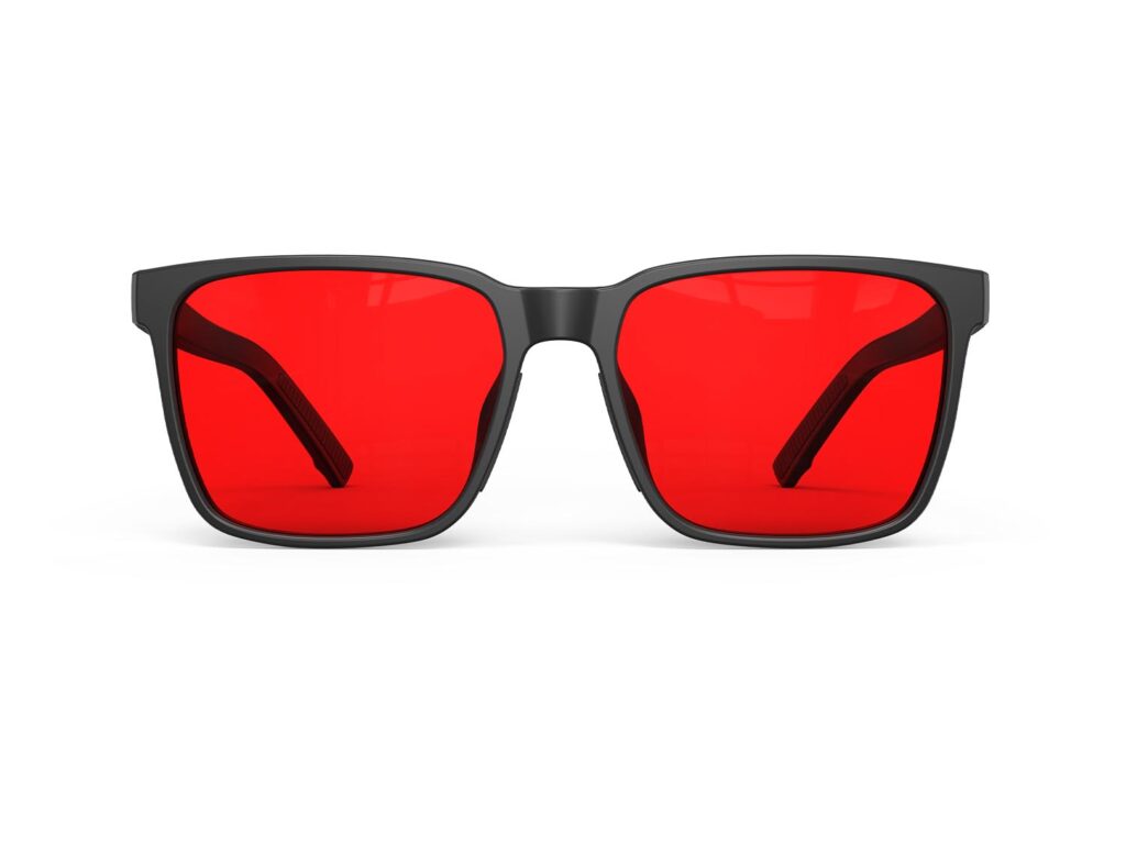 A Front view of Gloojo Night Ease Square Red Lens Glasses for Sleep-Black Frame