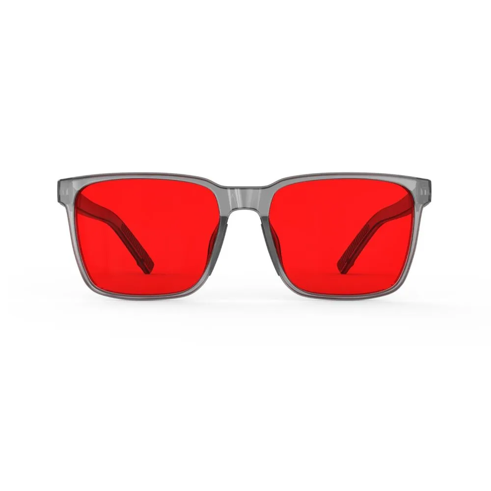 A Front view of Gloojo Night Ease Square Red Lens Glasses for Sleep-Grey Frame