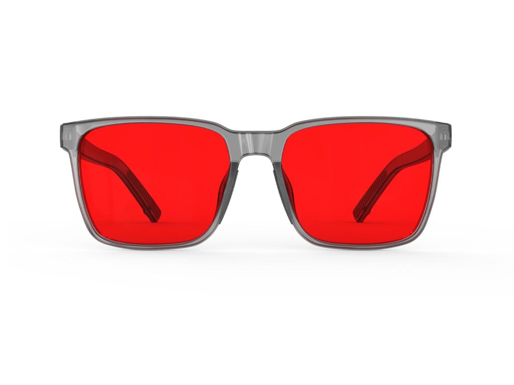 A Front view of Gloojo Night Ease Square Red Lens Glasses for Sleep-Grey Frame