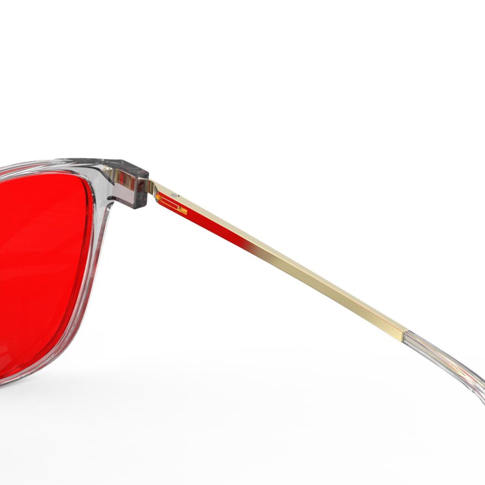 A Hinge closeup of Gloojo Night Ease Cat Eye Red Lens Glasses for Sleep-Grey Gold Frame