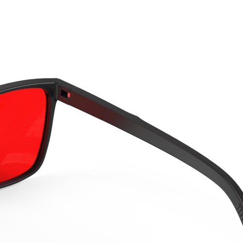 A Hinge closeup of Gloojo Night Ease Square Red Lens Glasses for Sleep-Black Frame A Hinge closeup of Gloojo Night Ease Square Red Lens Glasses for Sleep-Black Frame