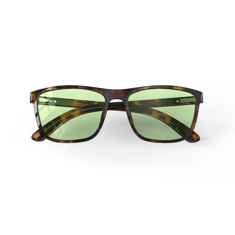 A Folded front view of Gloojo Sun Boost Wayfarer Green Lens Screen Glasses – Tortoiseshell