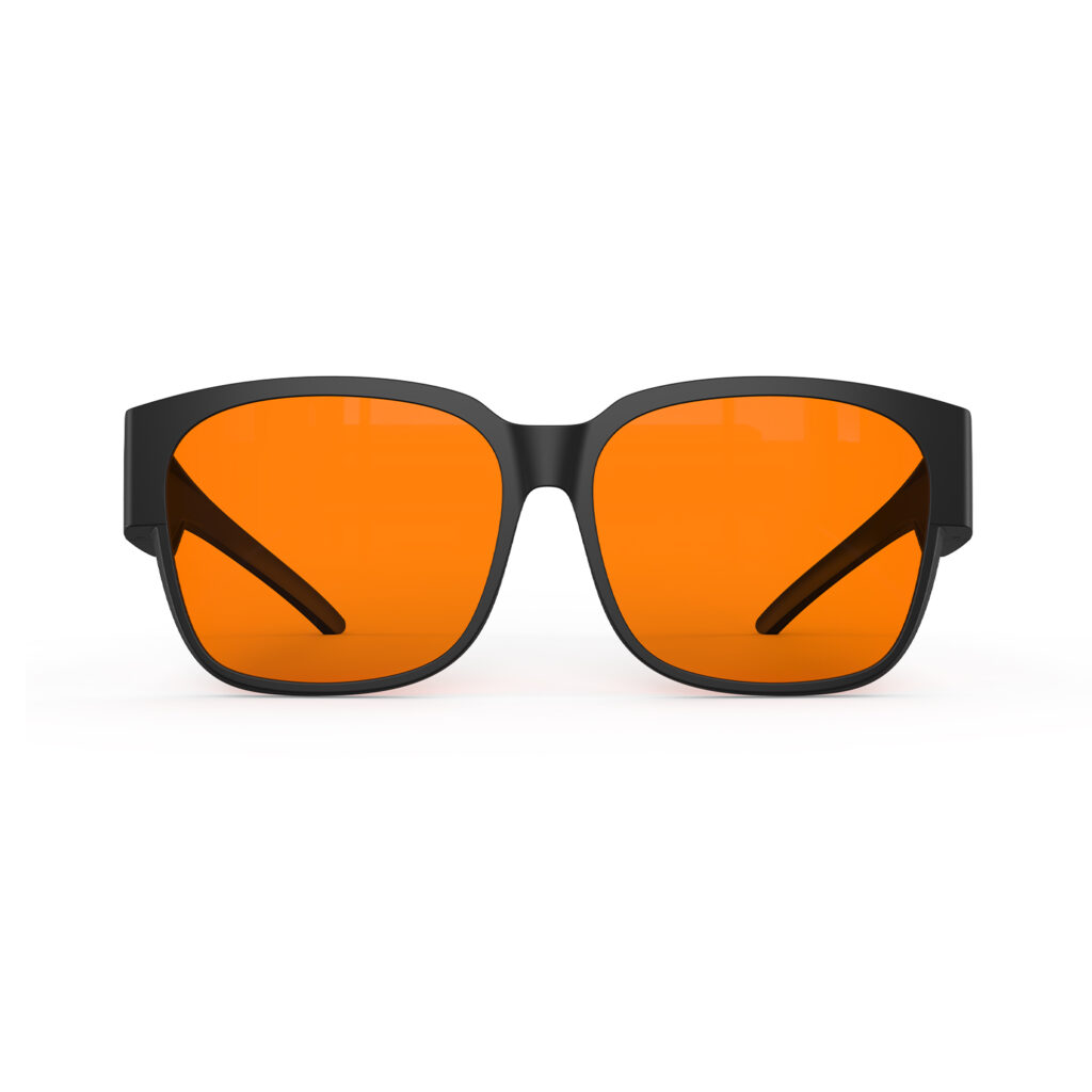 A Front view of Gloojo Night Ease Large Square Fitover Orange Sleep Glasses-black