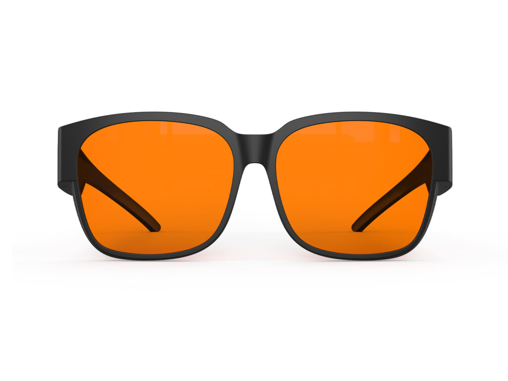 A Front view of Gloojo Night Ease Large Square Fitover Orange Sleep Glasses-black