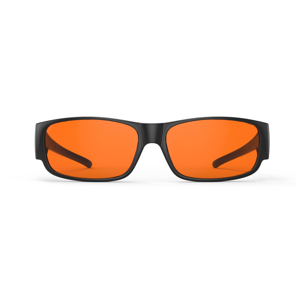A Front view of Gloojo Night Ease Rectangular Fitover Orange Sleep Glasses-black