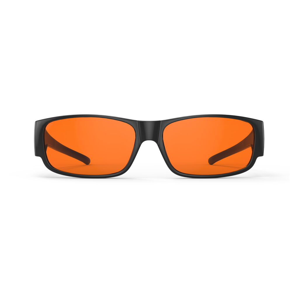 A Front view of Gloojo Night Ease Rectangular Fitover Orange Sleep Glasses-black