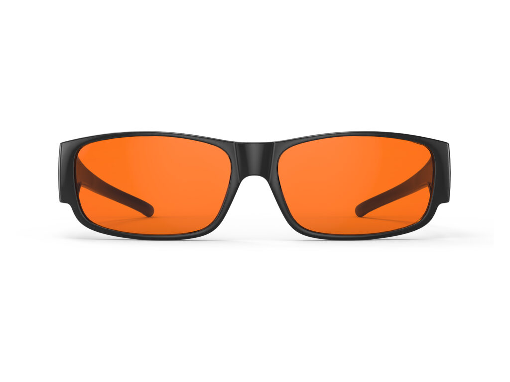 A Front view of Gloojo Night Ease Rectangular Fitover Orange Sleep Glasses-black