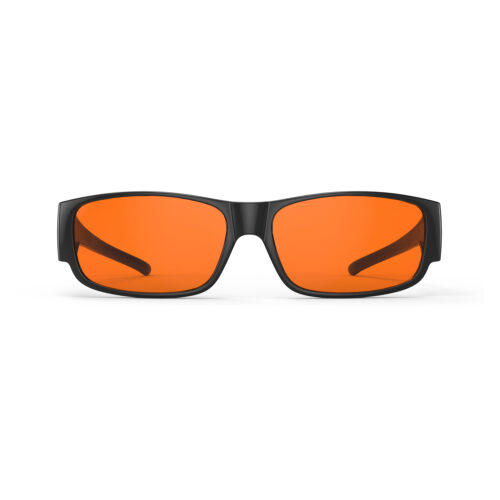 A Front view of Gloojo Night Ease Rectangular Fitover Orange Sleep Glasses-black