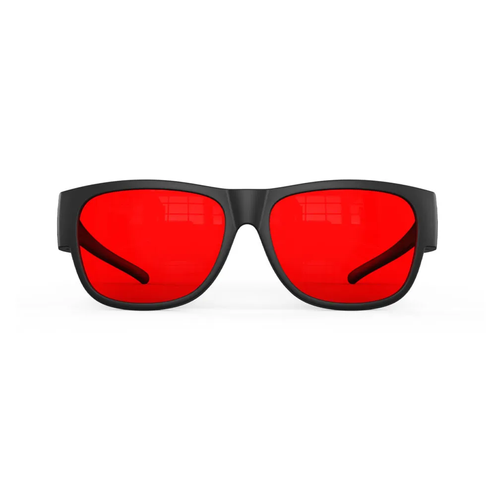 A Front view of Gloojo Night Ease Square Fitover Red lens sleep glasses - Black