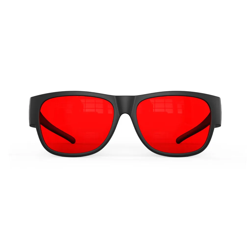 A Front view of Gloojo Night Ease Square Fitover Red lens sleep glasses - Black