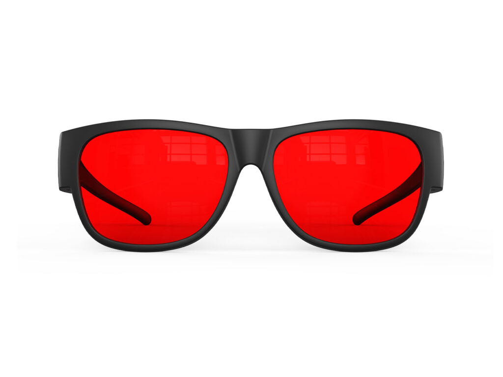 A Front view of Gloojo Night Ease Square Fitover Red lens sleep glasses - Black