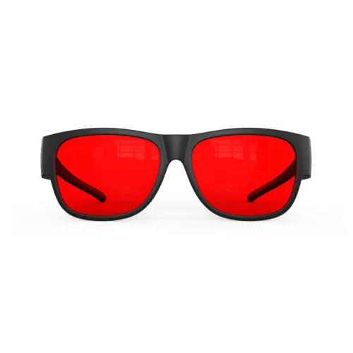 A Front view of Gloojo Night Ease Square Fitover Red lens sleep glasses - Black
