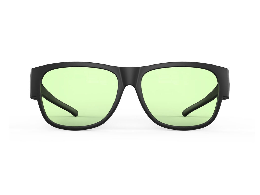 A Front view of Gloojo Sun Boost Square Fitover Green Lens Screen Glasses - Black